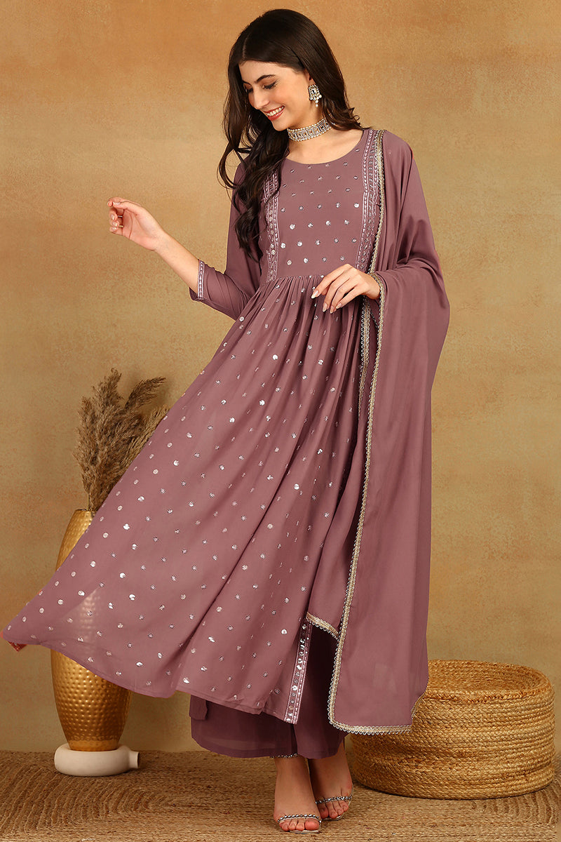 Mauve Georgette Embroidered A-Line Palazzo Bottom Suit Set PKSKD2521PNK