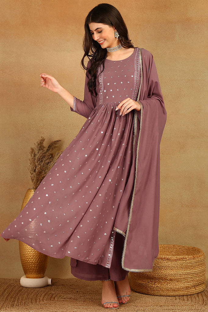 Mauve Georgette Embroidered A-Line Palazzo Bottom Suit Set PKSKD2521PNK