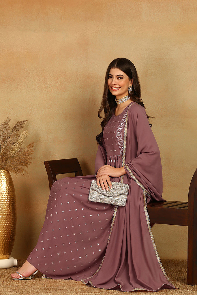 Mauve Georgette Embroidered A-Line Palazzo Bottom Suit Set PKSKD2521PNK