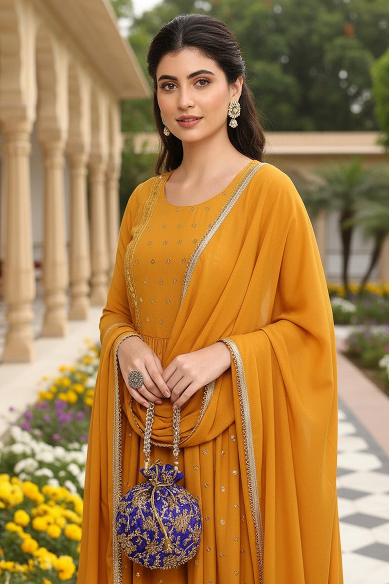 Mustard Yellow Georgette Embroidered A-Line Palazzo Bottom Suit Set PKSKD2521YLW