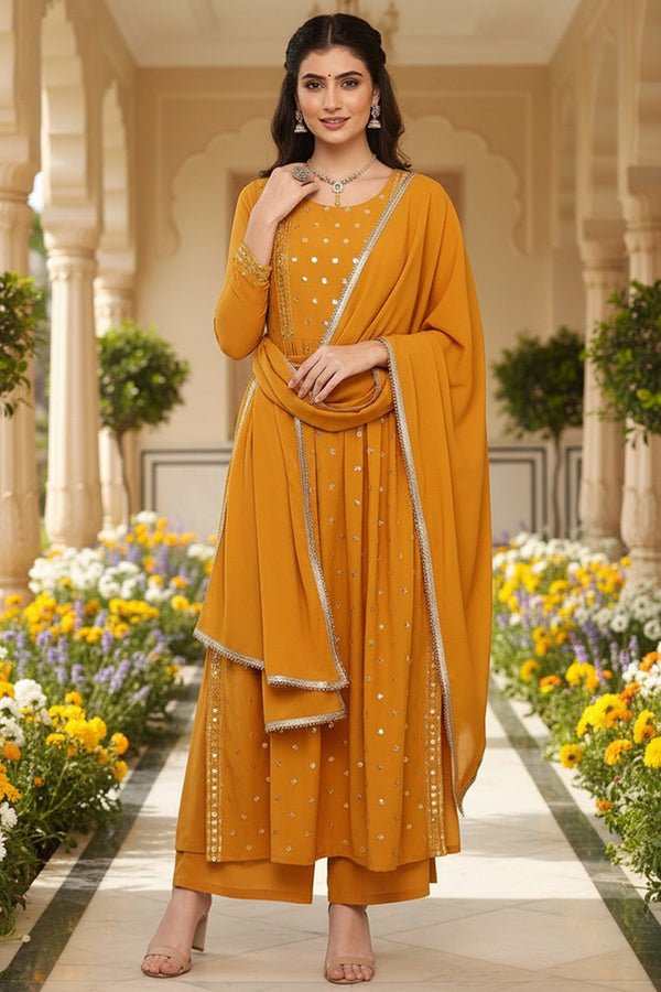 Mustard Yellow Georgette Embroidered A-Line Palazzo Bottom Suit Set PKSKD2521YLW