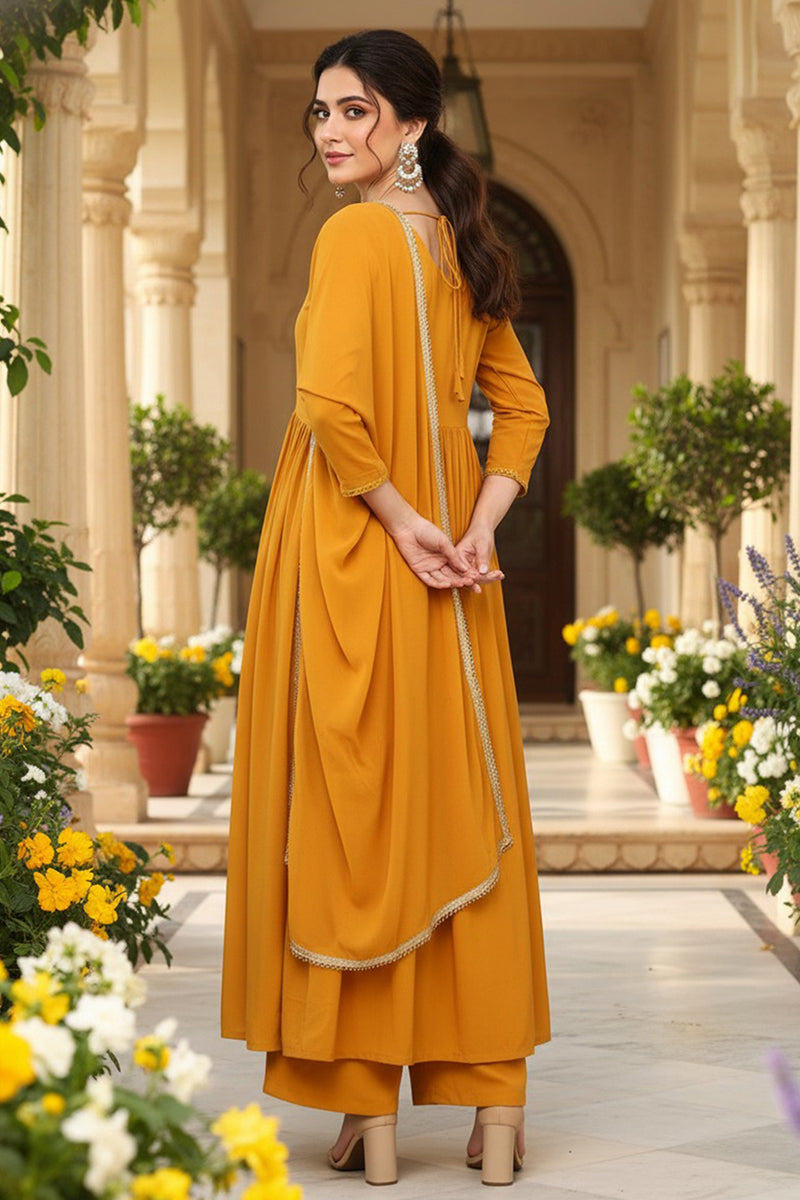 Mustard Yellow Georgette Embroidered A-Line Palazzo Bottom Suit Set PKSKD2521YLW