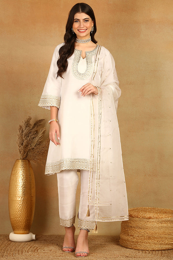 White Silk Blend Solid Embroidered A-Line Trouser Suit Set PKSKD2522WHT