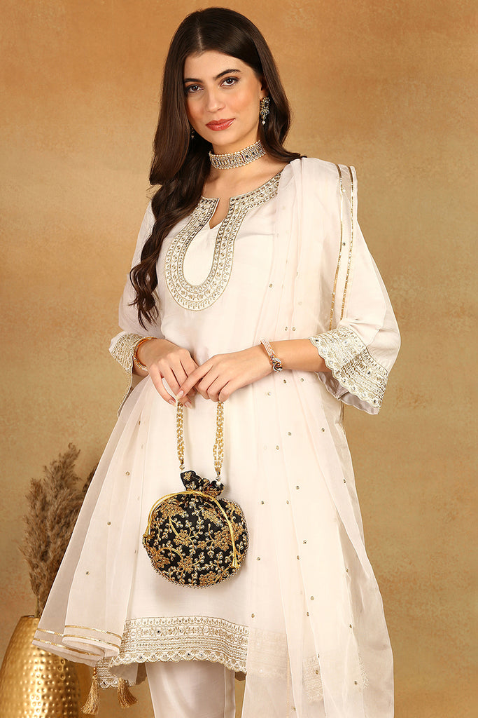 White Silk Blend Solid Embroidered A-Line Trouser Suit Set PKSKD2522WHT