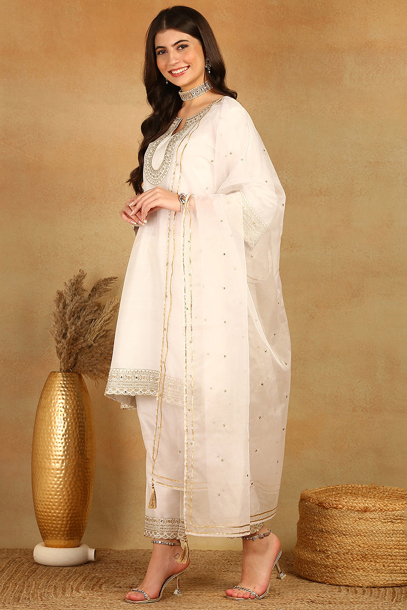 White Silk Blend Solid Embroidered A-Line Trouser Suit Set PKSKD2522WHT