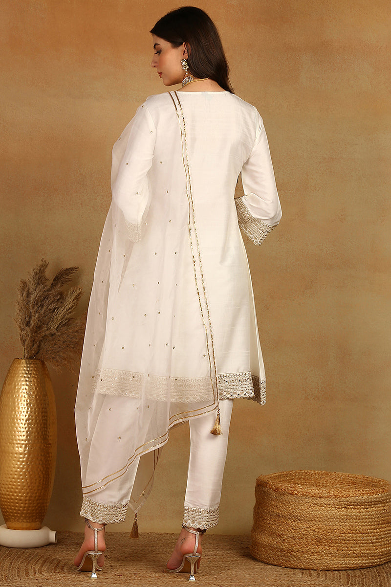 White Silk Blend Solid Embroidered A-Line Trouser Suit Set PKSKD2522WHT