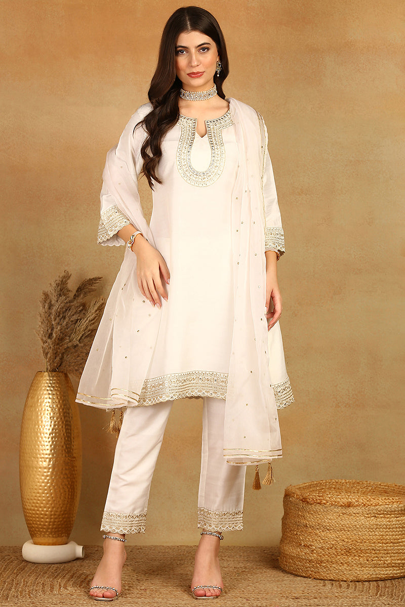 White Silk Blend Solid Embroidered A-Line Trouser Suit Set PKSKD2522WHT
