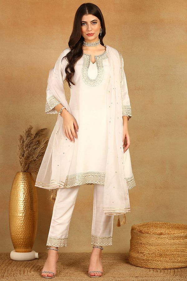 White Silk Blend Solid Embroidered A-Line Trouser Suit Set PKSKD2522WHT