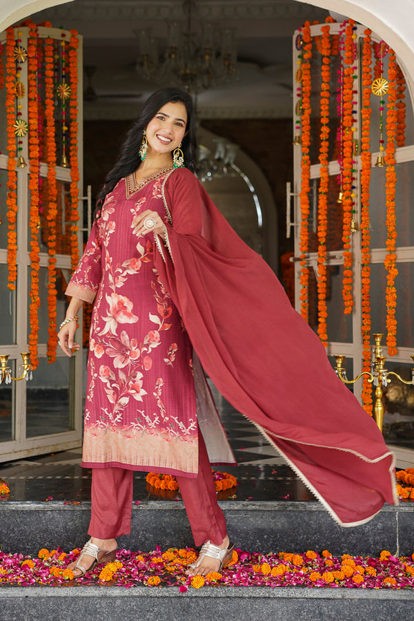 Maroon Rayon Blend Floral Printed Straight Trouser Suit Set PKSKD2526MRN