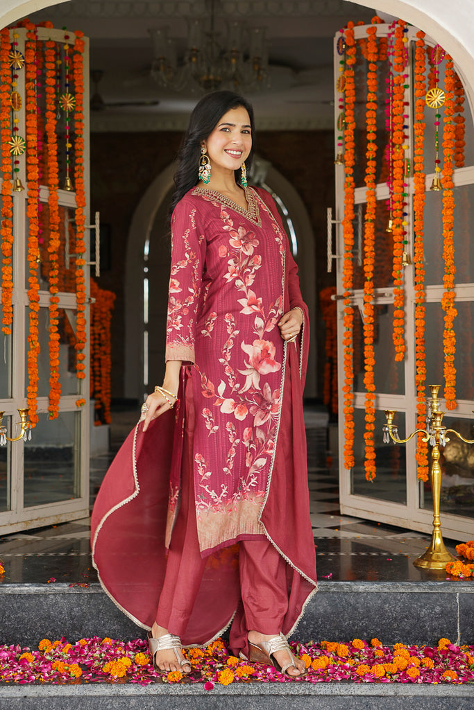 Maroon Rayon Blend Floral Printed Straight Trouser Suit Set PKSKD2526MRN
