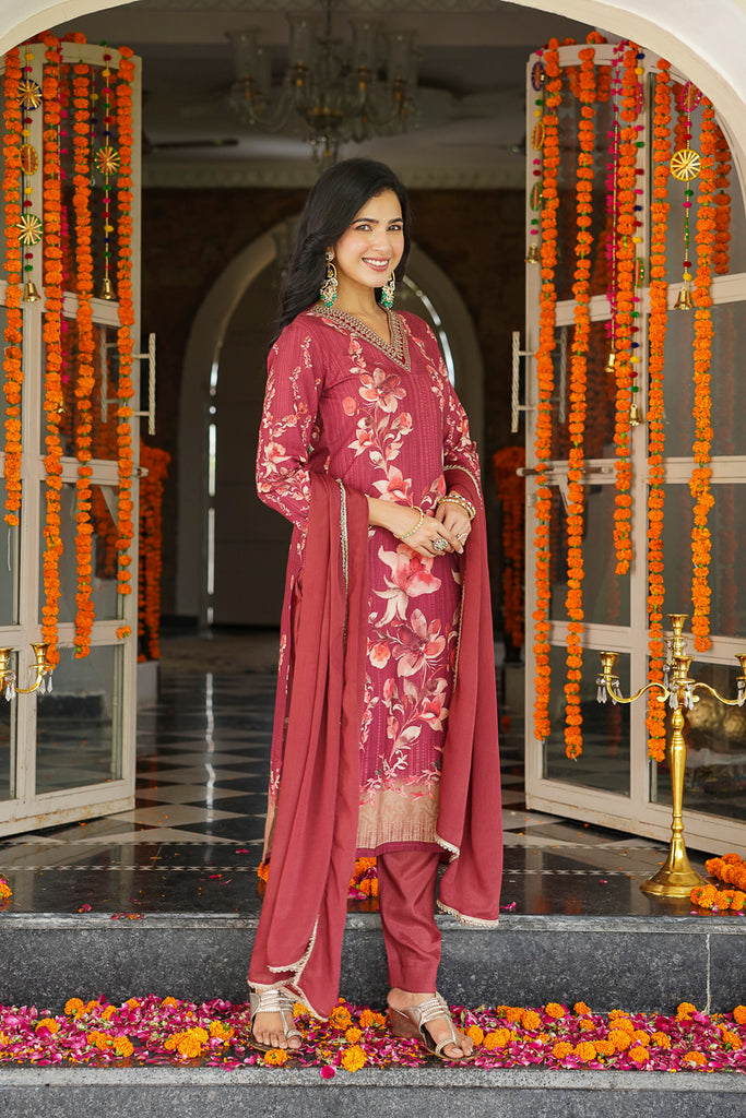 Maroon Rayon Blend Floral Printed Straight Trouser Suit Set PKSKD2526MRN