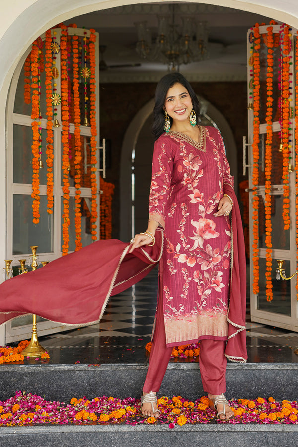 Maroon Rayon Blend Floral Printed Straight Trouser Suit Set PKSKD2526MRN