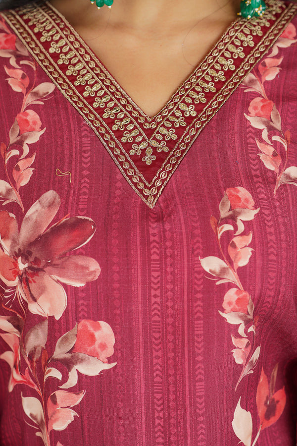 Maroon Rayon Blend Floral Printed Straight Trouser Suit Set PKSKD2526MRN