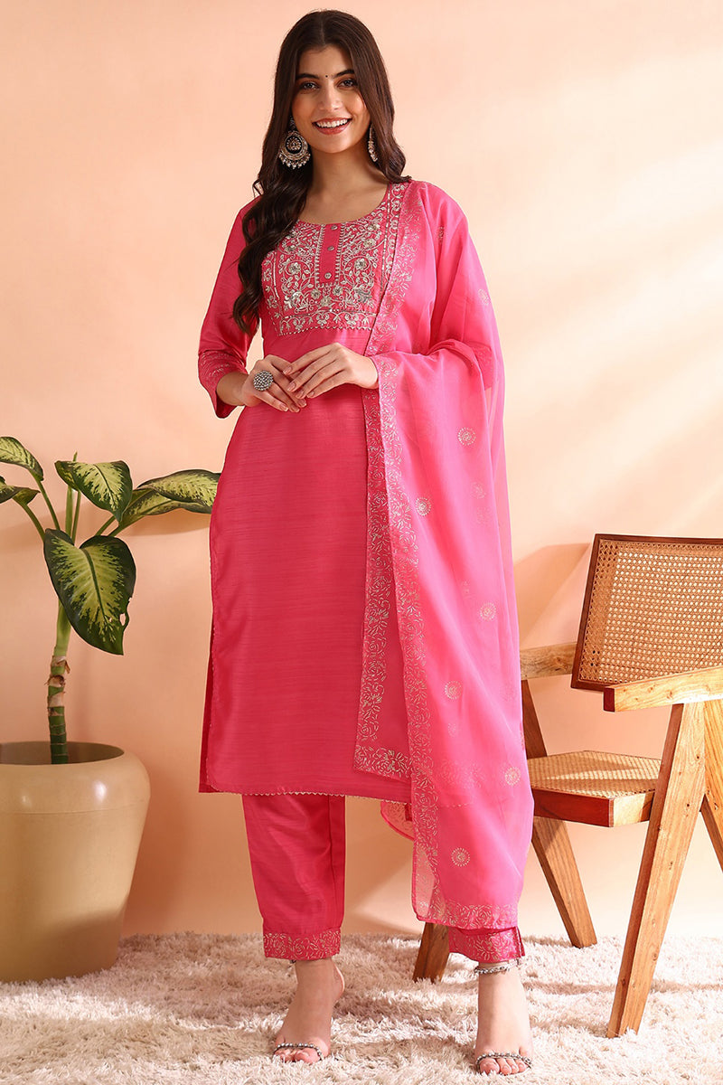 Pink Silk Blend Solid Embroidered Straight Trouser Bottom Suit Set PKSKD2528PNK