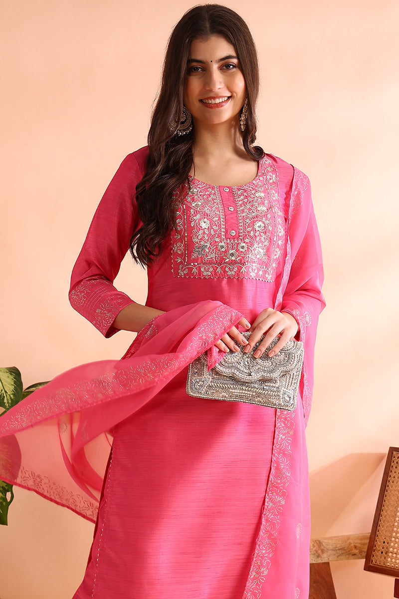 Pink Silk Blend Solid Embroidered Straight Trouser Bottom Suit Set PKSKD2528PNK