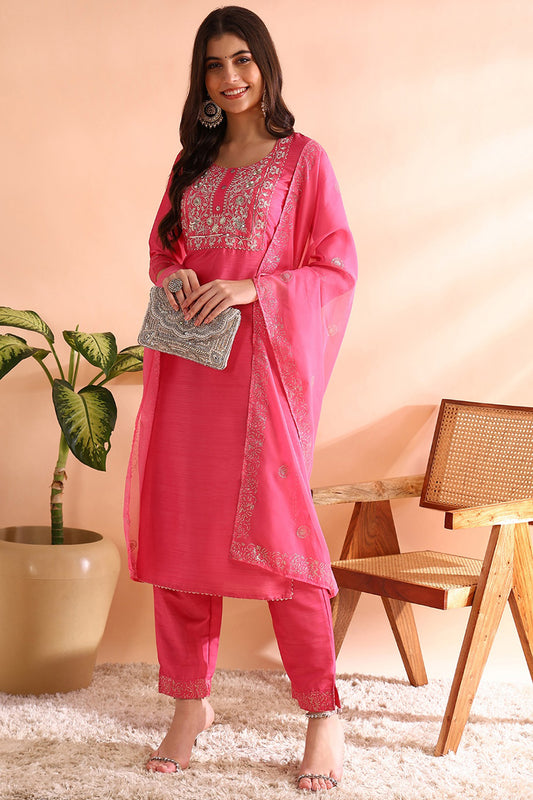 Pink Silk Blend Solid Embroidered Straight Trouser Bottom Suit Set PKSKD2528PNK