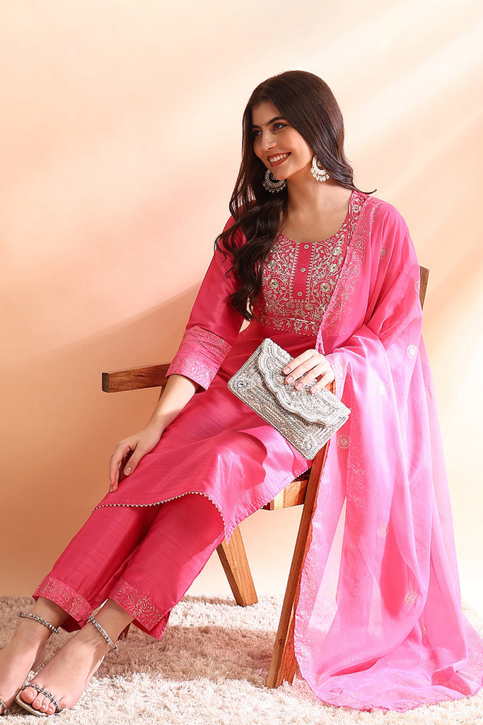 Pink Silk Blend Solid Embroidered Straight Trouser Bottom Suit Set PKSKD2528PNK