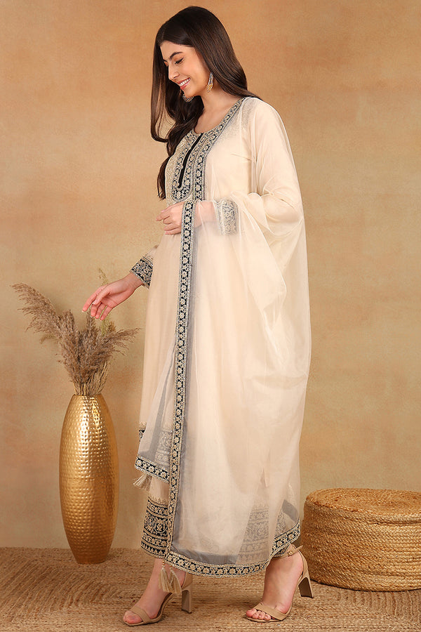 Cream Silk Blend Solid Embroidered Straight Trouser Bottom Suit Set PKSKD2530CRM