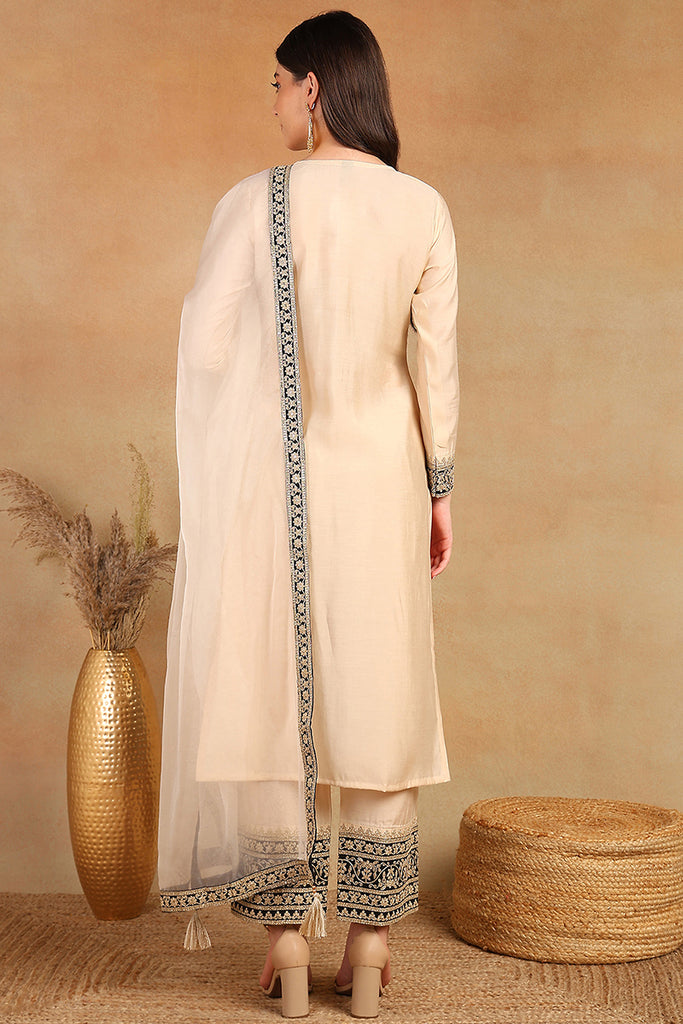 Cream Silk Blend Solid Embroidered Straight Trouser Bottom Suit Set PKSKD2530CRM