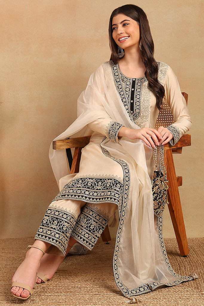 Cream Silk Blend Solid Embroidered Straight Trouser Bottom Suit Set PKSKD2530CRM