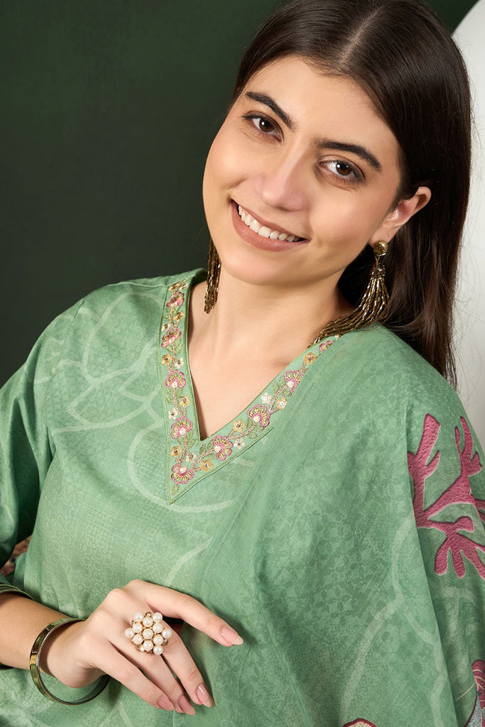 Green Rayon Blend Floral Printed Straight Trouser Bottom Suit Set SETPKSKD2540GRN (M To 3XL Set)