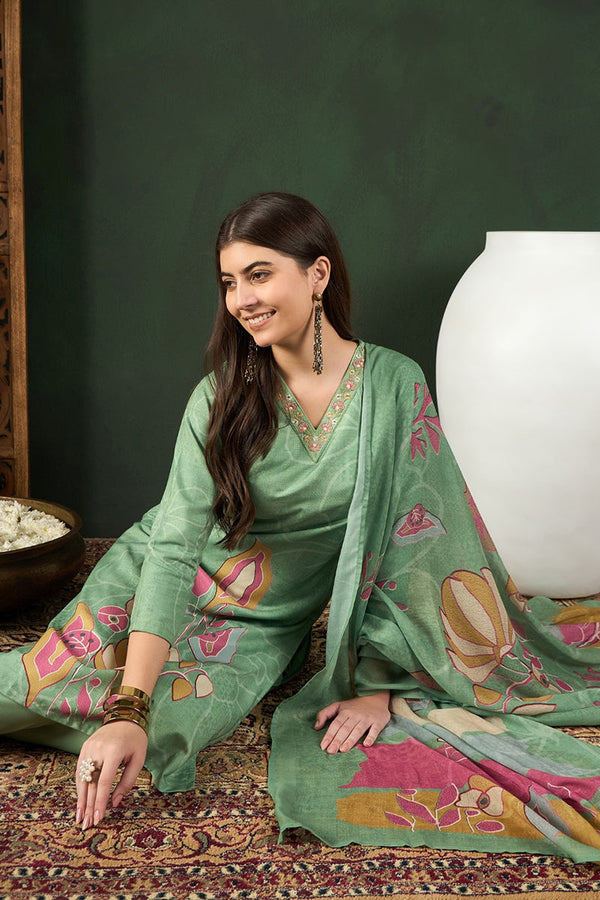 Green Rayon Blend Floral Printed Straight Trouser Bottom Suit Set SETPKSKD2540GRN (M To 3XL Set)