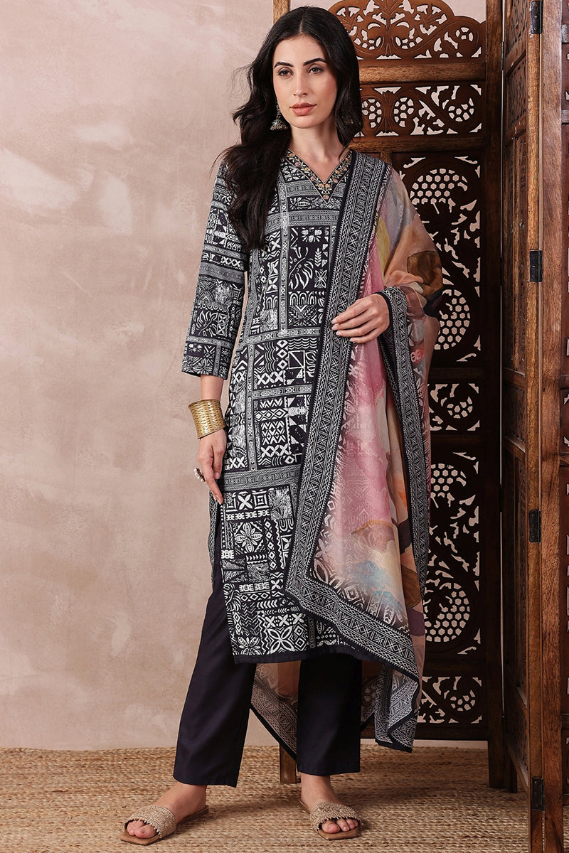 Black Rayon Blend Geometric Printed Straight Trouser Bottom Suit Set SETPKSKD2542BLK (M To 3XL Set)