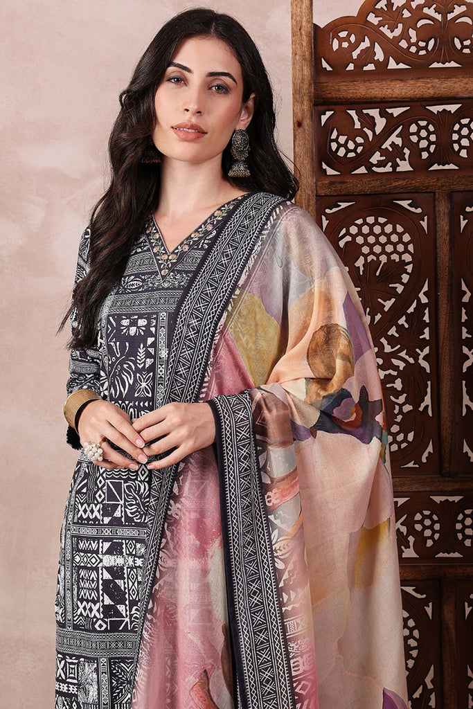 Black Rayon Blend Geometric Printed Straight Trouser Bottom Suit Set SETPKSKD2542BLK (M To 3XL Set)