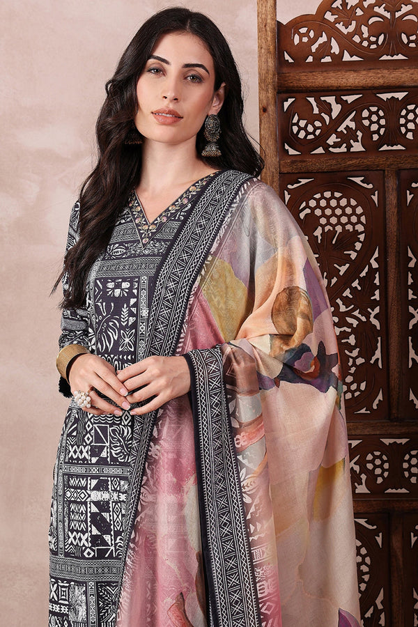 Black Rayon Blend Geometric Printed Straight Trouser Bottom Suit Set SETPKSKD2542BLK (M To 3XL Set)