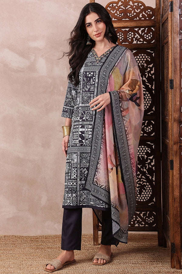 Black Rayon Blend Geometric Printed Straight Trouser Bottom Suit Set SETPKSKD2542BLK (M To 3XL Set)