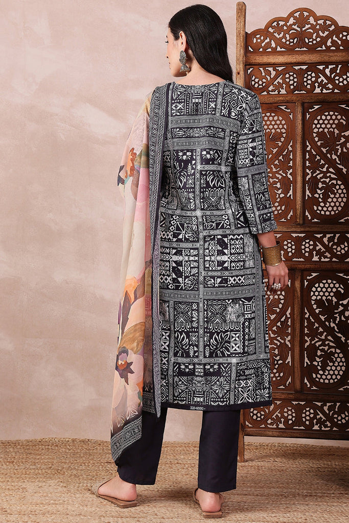 Black Rayon Blend Geometric Printed Straight Trouser Bottom Suit Set SETPKSKD2542BLK (M To 3XL Set)