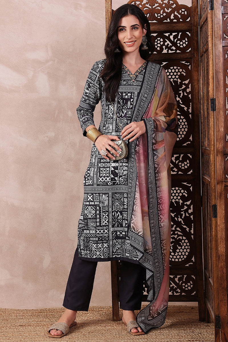 Black Rayon Blend Geometric Printed Straight Trouser Bottom Suit Set SETPKSKD2542BLK (M To 3XL Set)