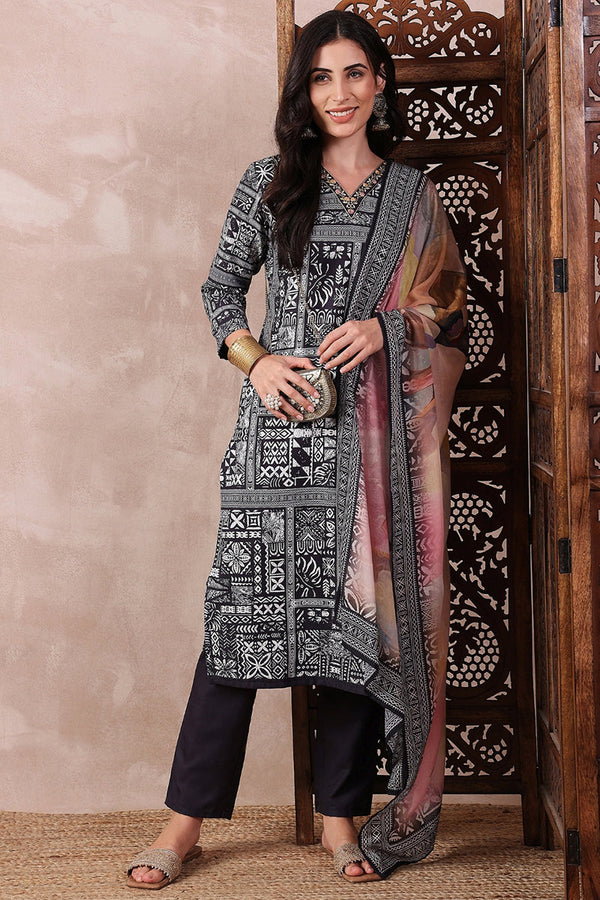 Black Rayon Blend Geometric Printed Straight Trouser Bottom Suit Set SETPKSKD2542BLK (M To 3XL Set)