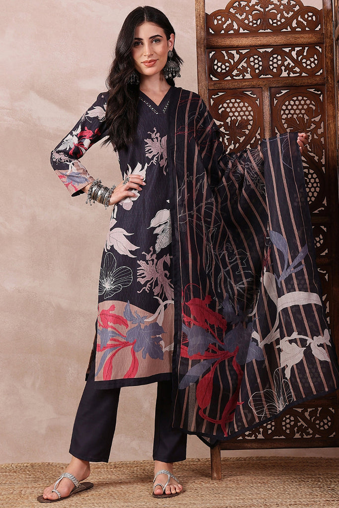 Black Rayon Blend Floral Printed Straight Trouser Bottom Suit Set SETPKSKD2543BLK (M To 3XL Set)