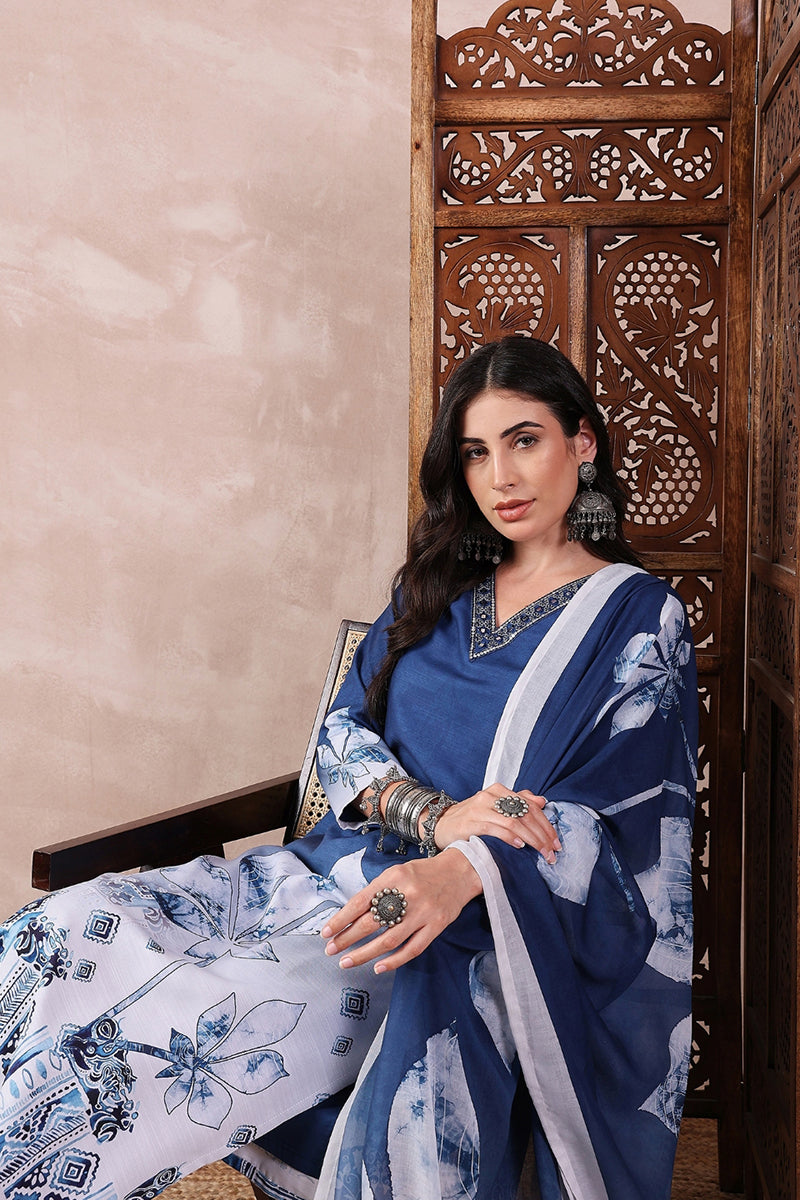 Blue Rayon Blend Abstract Printed Straight Trouser Bottom Suit Set SETPKSKD2550BLU (M To 3XL Set)