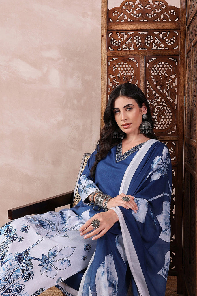 Blue Rayon Blend Abstract Printed Straight Trouser Bottom Suit Set SETPKSKD2550BLU (M To 3XL Set)