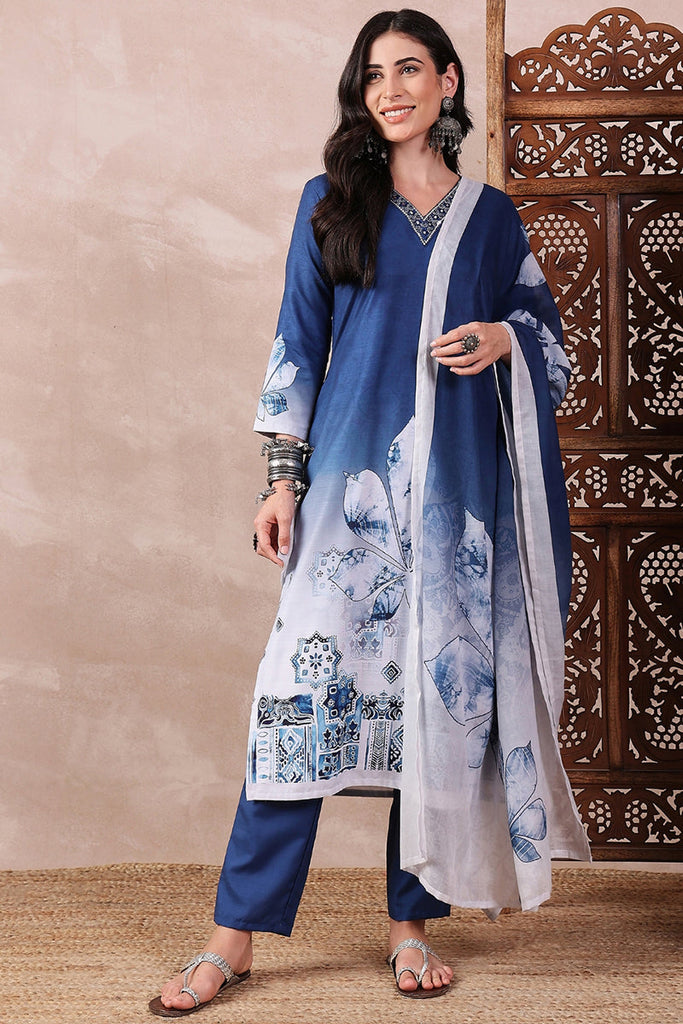 Blue Rayon Blend Abstract Printed Straight Trouser Bottom Suit Set SETPKSKD2550BLU (M To 3XL Set)