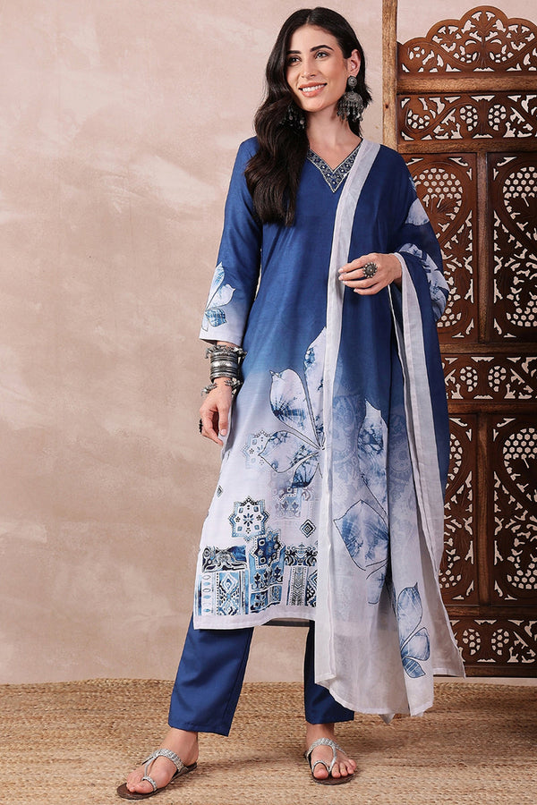 Blue Rayon Blend Abstract Printed Straight Trouser Bottom Suit Set SETPKSKD2550BLU (M To 3XL Set)