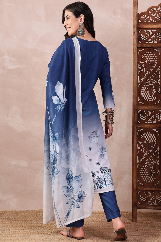 Blue Rayon Blend Abstract Printed Straight Trouser Bottom Suit Set SETPKSKD2550BLU (M To 3XL Set)