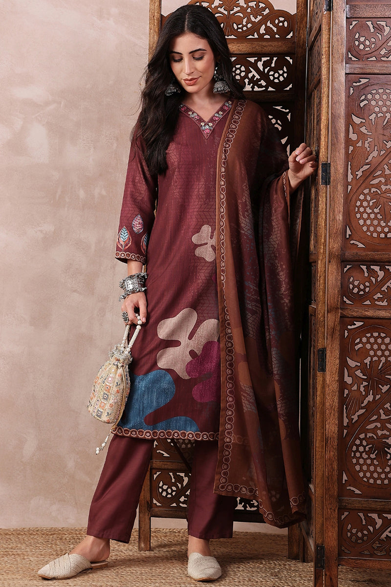 Brown Rayon Blend Floral Printed Straight Trouser Bottom Suit Set SETPKSKD2552BRN (M To 3XL Set)