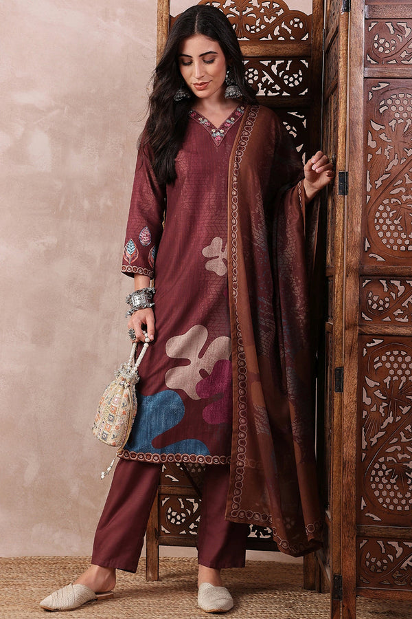 Brown Rayon Blend Floral Printed Straight Trouser Bottom Suit Set SETPKSKD2552BRN (M To 3XL Set)