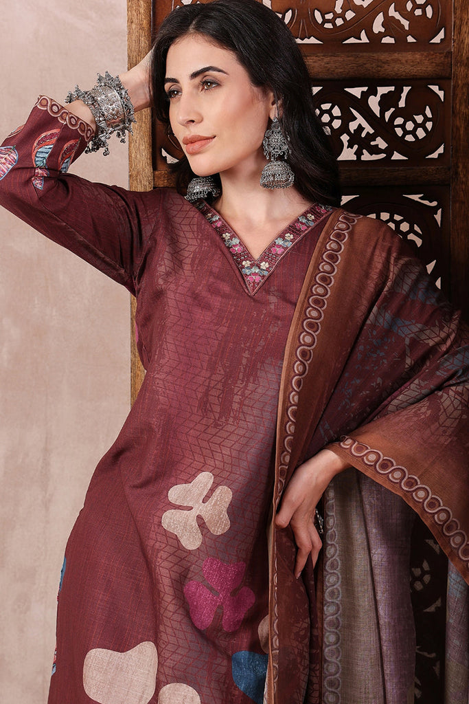 Brown Rayon Blend Floral Printed Straight Trouser Bottom Suit Set SETPKSKD2552BRN (M To 3XL Set)