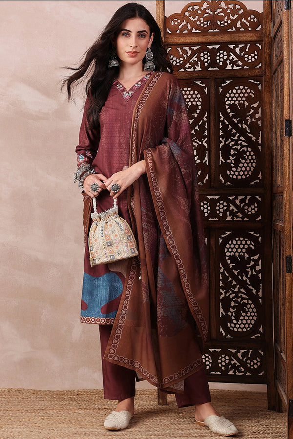 Brown Rayon Blend Floral Printed Straight Trouser Bottom Suit Set SETPKSKD2552BRN (M To 3XL Set)