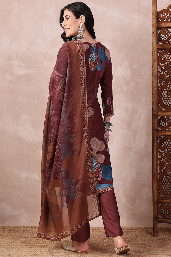 Brown Rayon Blend Floral Printed Straight Trouser Bottom Suit Set SETPKSKD2552BRN (M To 3XL Set)