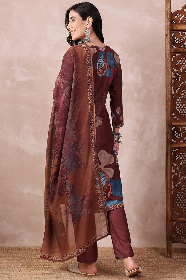 Brown Rayon Blend Floral Printed Straight Trouser Bottom Suit Set SETPKSKD2552BRN (M To 3XL Set)