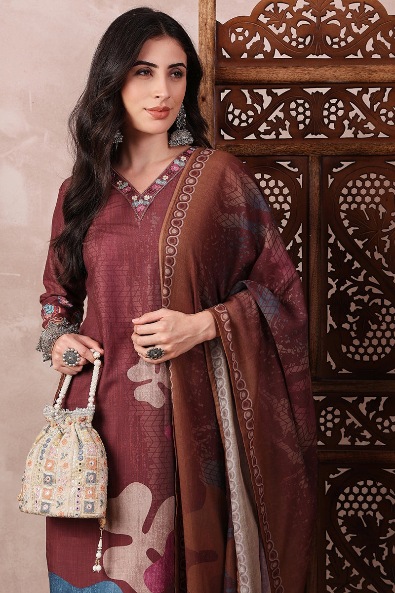 Brown Rayon Blend Floral Printed Straight Trouser Bottom Suit Set SETPKSKD2552BRN (M To 3XL Set)