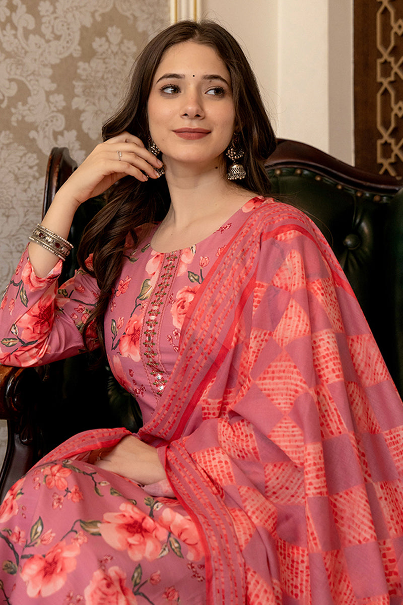 Pink Rayon Blend Floral Printed Straight Trouser Bottom Suit Set SETPKSKD2566PNK (M To 3XL Set)