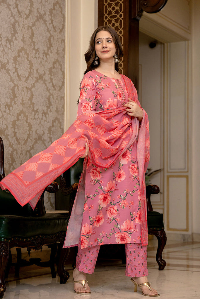 Pink Rayon Blend Floral Printed Straight Trouser Bottom Suit Set SETPKSKD2566PNK (M To 3XL Set)