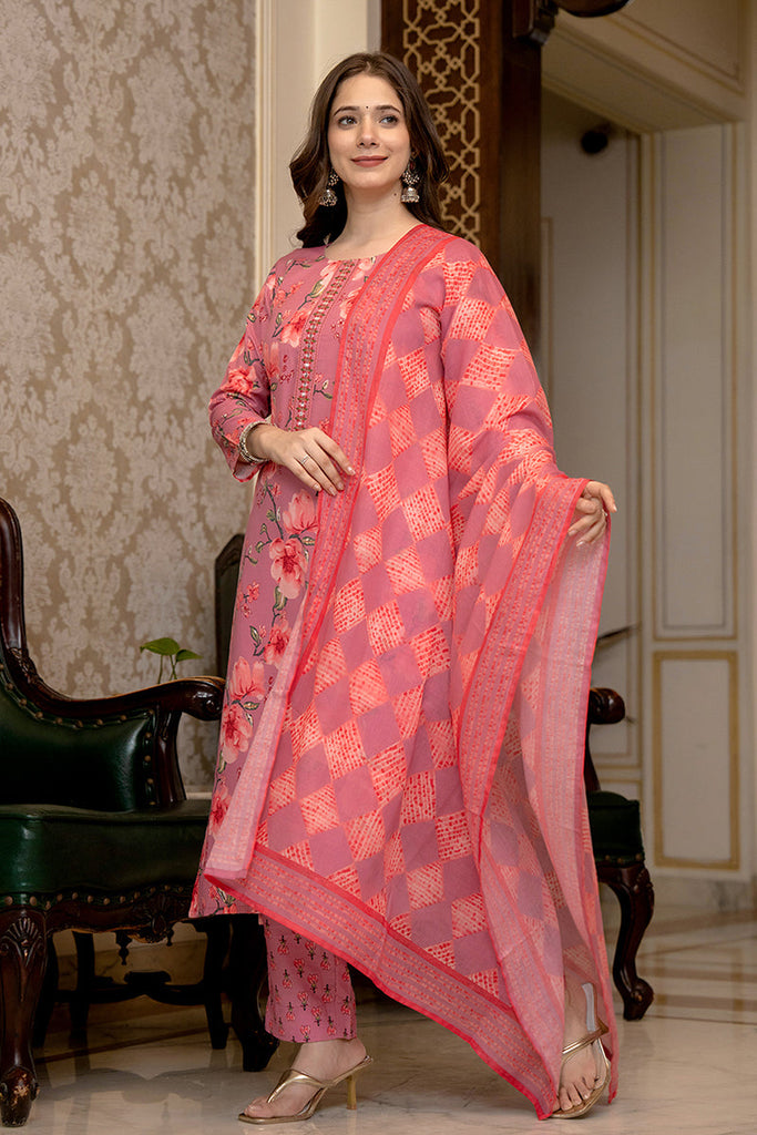 Pink Rayon Blend Floral Printed Straight Trouser Bottom Suit Set SETPKSKD2566PNK (M To 3XL Set)