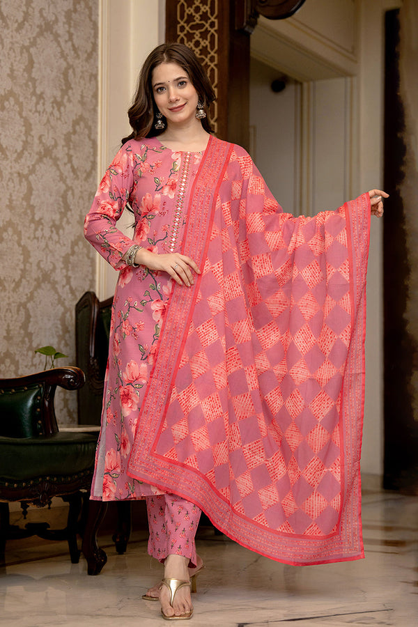Pink Rayon Blend Floral Printed Straight Trouser Bottom Suit Set SETPKSKD2566PNK (M To 3XL Set)